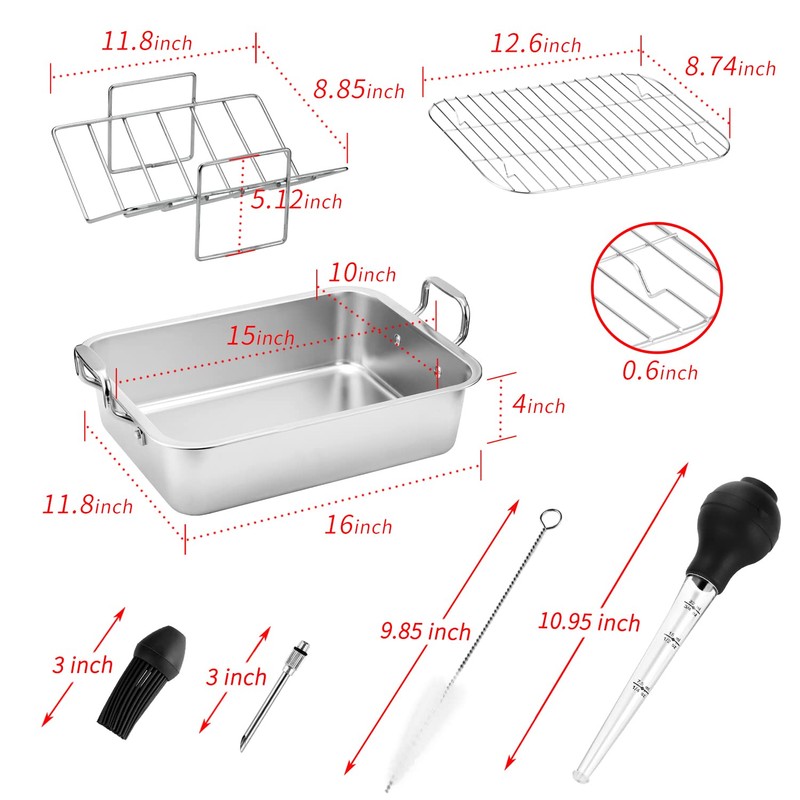 15 Inch Stainless Steel Roasting Pan with V-Shaped Rack and