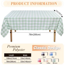 Gingham Tablecloth Polyester 55x78 Inch, Rectangular Checkered Table Cloth Antiwrinkle for Home and Party Festive Decorations, Fabric Plaid Tablecloths(Light Green)
