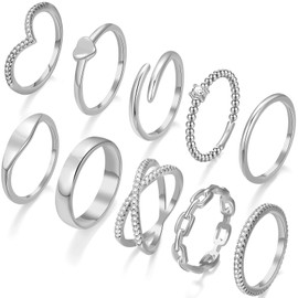 10 PCS Dainty 14K Sliver Rings for Women, Open Twist Simulated Diamond Criss Cross Designs, Perfect for Stacking Layering on Thumb and Knuckle Engagement Rings in Sizes 8