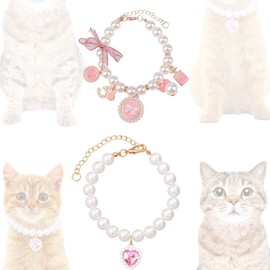 Elegant Pearl Necklace Collar Set - 2PCS Adjustable Pearls Cat Collars for Girl Cats & Dogs, Cute Puppy Kitten Pearl Dog Collar with Heart Charm, Wedding Party Pet Jewelry Accessories (Pink & White)