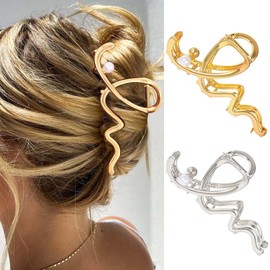 Reaky Wave Hair Claw Clips Gold Metal Hair Claws 2 Pcs Pearl Claw Clip Nonslip Hair Jaw Clips Hair Accessories for Women
