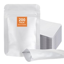 LOPYXBR 200 Pack Foil Bags Smell Proof Bags, 13 x 9cm / 5" x 3.5" Mylar Bags Stand Up Ziplock, Reusable Zipper Aluminum Foil Bags, Silver Resealable Pouches Food for Candy Coffee Beans Jewellery
