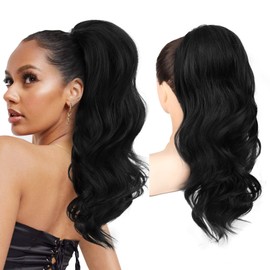 REECHO Ponytail Extension, Drawstring Ponytail Extension Long Wavy Layered Pony Tails Hair Extensions 22inch Natural Fake Ponytail Clip in Synthetic Hairpiece for Women, Natural Black