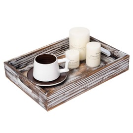 ExoLiry Rustic Whitewashed Wood Food Serving Tray Cutout Carrying Handles Breakfast in Bed Coffee Platter Table Wine Brown Rectangular Nesting Crate Desktop Document Holder Office Home Kitchen