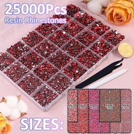 25000Pcs Resin Rhinestones with Tweezers for Crafting, Red Flatback Gems, Bedazzling Crystal with 3Pcs 10ml B7000 Jewelry Glue for DIY Crafts Clothing Tumblers Shoes Fabric Nail Art