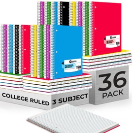 Rosmonde 36 Pack 3 Subject Spiral Notebook College Ruled Bulk, Thick Paper, Extra Pages - 300 Pages (150 Sheets), 8 x 10-1/2", Bulk Spiral Journal for School, 3 Hole Punched, Bulk Subject Notebooks