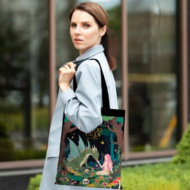 MQBMQB Forest Tales Tote Bag, Oracle Art Dragon Portable Travel Beach Bag, Witch Reusable Grocery Bags Canvas Shoulder Bags for Shopping, Butterfly Gifts for Women Sister Friends