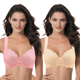 Curve Muse Plus Size Unlined Underwired Lace Bra, with Padded Shoulder Straps, Pack of 2