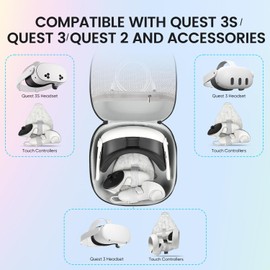 sarlar BS2 Hard Carrying Case for Meta Quest 3S/Quest 3/Oculus Quest 2 VR Headset, Portable Protection Travel Case with Lens Cover Fits Controller, Original Headstrap, Charging Cable & Adapter, Black