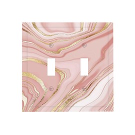 Pretty Rose Pink Golden Marble 2 Gang Double Toggle Outlet Light Switch Cover Wall Plate Electrical Faceplate Decorative Dual Device Switchplate