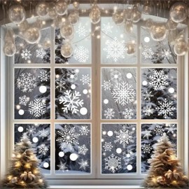 114PCS Christmas Snowflake Window Clings, Double Side White Snowflake Christmas Window Stickers Winter Mixed Size Snowflakes Window Decals for Xmas Winter Home Office School Glass Window Decorations