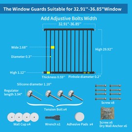 Window Safety Guards for Children Kids Toddler,Adjustable 32.91"-36.85" Wide Child Safety Window Guard Prevents Accidental Falls, Home Security Childproof Interior Bar Guard (Black, 1 Piece)