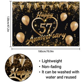 Happy 57th Anniversary Backdrop Banner Decor Black Gold – Glitter Love Heart Happy 57 Years Wedding Anniversary Party Theme Decorations for Women Men Supplies, 3.9 x 5.9 ft