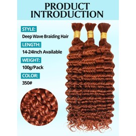 Dark Ginger Human Braiding Hair for Boho Braids 100g 3 Bundles/Pack 18 Inch Curly Boho Hair for Braiding Knotless 12A Deep Wave Bulk Bohemian Color 350