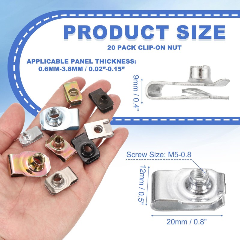 PATIKIL U-Style Clip-On Nut, 20 Pack M5-0.8 Regular Extruded U-Nut