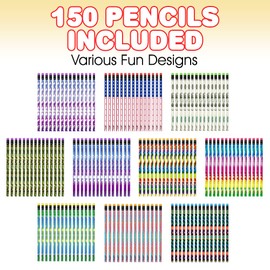 ArtCreativity 150 PC Pencil Assortment for Kids, Fun Assorted Number 2 Pencils, Bulk Wooden Writing Pencils with Erasers, Teacher Supplies for Classroom, Student Reward, Stationery Party Favors