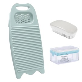 Wash Board, Washboard for Hand Washing Clothes, Plastics Laundry Scrub Board Household With Holder Portable (D-light blue+multifunctional soap dish+soft bristle brush)