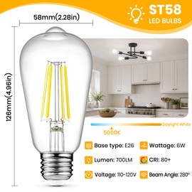 Unicozin Vintage Edison LED Bulbs 4-Pack, 6W, Equivalent 60W, 5000K Daylight, E26 Medium Base, 700 Lumens, Non-Dimmable, CRI 80+ for True Color, Clear Glass for High Brightness