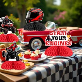 8Pcs Four Wheeler ATV Quad Bike Honeycomb Centerpieces 4 Wheeler Birthday Party Decorations Happy Birthday Dirt Bike Table Centerpieces Start Your Engines Motorcycle Table Toppers for Boys Girls