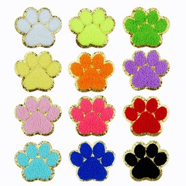 SaktopDeco 12 PCS Paw Print Patch Gold Edges Chenille Patches Paw Print Iron On Patch Cat Dog Pet Paw Patch for DIY Hats Bags Jackets