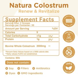 Natura Bovine Colostrum Powder – 25% All-Natural IgG – First Milking, Grass-Fed, Organic Practices – Immune, Gut & Recovery Support – Skin & Hair Health – Unflavored – 30 Servings - USA Sourced
