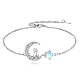 YFN Star and Moon Bracelet 925 Sterling Silver Cat Bracelets for Women Cat Bracelet Adjustable Moonstone Moon Star Bracelet Jewellery Birthday Gifts for Women, 2017, Moonstone
