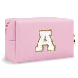 Bolsa de maquillaje personalizada con inicial A-Z Preppy Bolsa de parche pequeña de piel sintética con cierre, bolsa de aseo blanca bonita para adoles