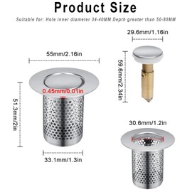 Pack of 2 Sink Filters, Sink Strainer, Stainless Steel, Hair Strainer Shower, Sink Strainer with Push Type Rebound Core Made of Brass, Can be Used for Kitchen, Bathroom, Balcony Floor Drain