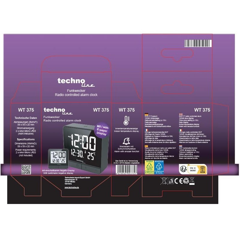 technoline WT375 Small Digital Radio-Controlled Alarm Clock Display with E-Reader