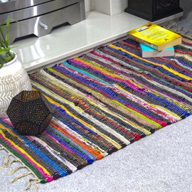 ETHNICITI Multicoloured Cotton Recycled Hand Loom Area Chindi Rag Rug Bohemian Reversible Stylish Mat Peg Shabby Hallway Bedroom Lounge Living Dining Study Utility Room Pet Yoga High Traffic - 60x90cm