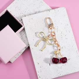 SKYFUN Cherry Keychain Cute Red Cherry Key Chain for Women Glitter Small Bag Charms Gold Bow Car Keys Accessories Birthday Christmas Gifts, Red