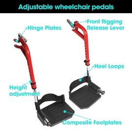 Comfort Support Wheelchair Footrest Replacement - Adjustable Composite Footboard & Heel Loop, Universal Foldable Foot Rest, Red, Lightweight, Easy Installation