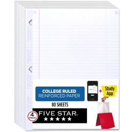Five Star Loose Leaf Paper + Study App, 4 Pack, Notebook Paper, College Ruled Filler Paper, Reinforced, 8.5 x 11, 80 Sheets per Pack (170024-ECM)