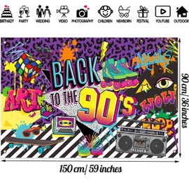 90's Party Decorations, Back To The 90's Backdrop Banner with Hanging Rope, 150x90cm Retro Hip Hop Graffiti Rock Punk Music Dance Wall Photography Background Birthday Party Supplies