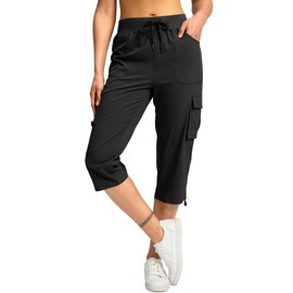 Pudolla Women's Cargo Capri Pants Lightweight Quick Dry Hiking Pants Summer Travel Casual Capris with 5 Pockets (Black Small)