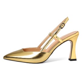 MERRORI Women's Pump Buckle Sling Stiletto Slingback High Heel Point Matte Pumps Shoes Gold Size 7.5 - Sandalia Tacon Bajo