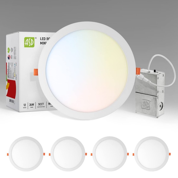 ASD 4 Pack 12 inch LED recessed Light, 5 CCT 2700K-5000K Selectable, 24W 90W Eqv, Dimmable Ultra-Thin Canless Round Ceiling Wafer Downlight with Junction Box, 2169Lm High Brightness - UL Energy Star