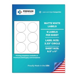 Premium Label Supply White Sticker Round Labels – 3.33" Circle – Laser/Inkjet Compatible – (6 Labels/Sheet), 25 Sheets – 150 Total Adhesive Labels