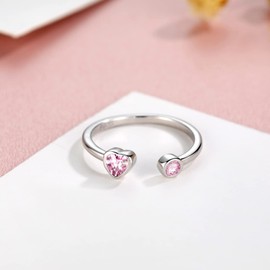 Heart Birthstone Adjustable Rings for Women - 925 Sterling Sliver October Tourmaline Birthstone Open Ring Promise Wedding Engagement Rings Christmas and Birthday Jewellery Gifts for Wife Teenage Girls