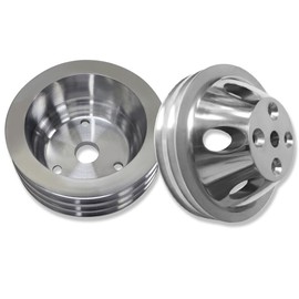 Chrome Aluminum Upper Water Pump (2 Groove) & Crankshaft (3 Groove) Pulley Kit Compatible with SBC Chevy SBC 265 283 305 327 350 383 400 For Long Water Pump LWP Crank