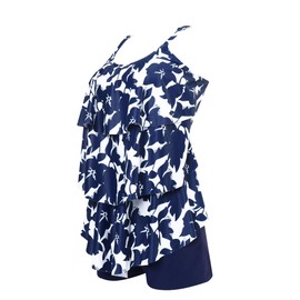 RXRXCOCO Women Floral Ruffle Tankini Set with Boyshort Swimwear Bikini, Floral Blue, UK14-16=Tag Size L