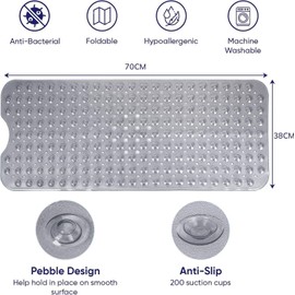 Ameha Shower Bath Mat Non Slip Anti Mould - Grey 70x38cm Bathroom Mats with Strong Suction Cups Grip and Drain Holes Shower Mats Machine Washable Rubber Bath Mats