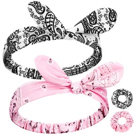 Hoteam 2 Set Bandana Headband and Bandana Scrunchies for Women and Girls, Elastic Paisley Headbands Paisley Bandana Hair Tie Knot Retro Headbands Adjustable Headwrap (White,Pink)