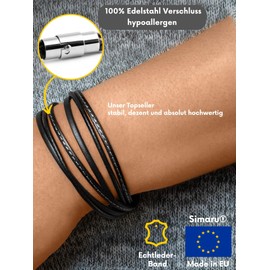 Simaru Leather Wrap Bracelet with Stainless Steel Clasp Including Magnet for Men and Women Premium Quality Made in Germany Sizes S to XL, Leather