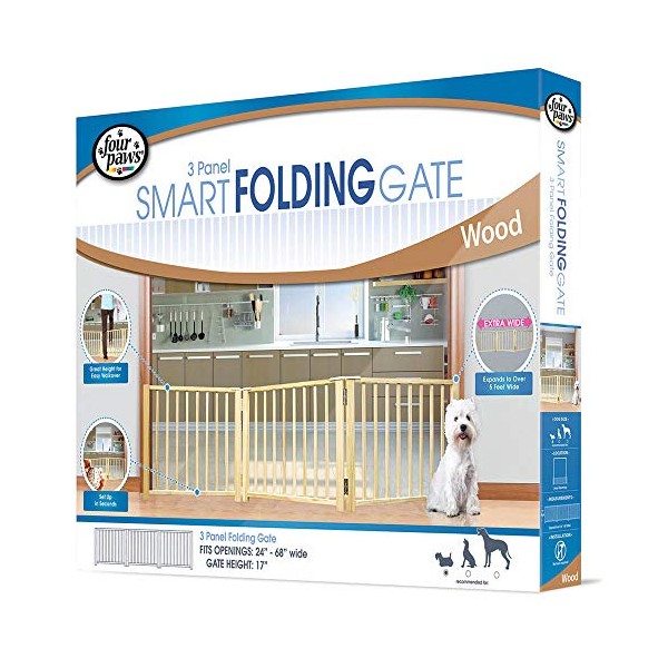 Four Paws Smart Folding Free Standing 3-Panel Wood Dog Gate, 24"-68" W by 17" H