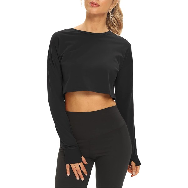 Mippo Crop Top Long Sleeve Workout Shirts Athletic Gym Active Wear Loose Cropped Sweaters Oversized Tshirts Midriff Tops Baggy Clothes for Women to Wear with Leggings Black M