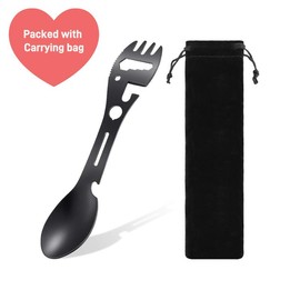 10-In-1 Stainless Steel Portable Camping Spork with Spoon, Fork, Can Opener, Serrated Knife, Wrench, for Outdoor Hiking, Picnic, Backpacking & Travel - Color: Black