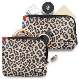 KUSSHI 2pc Neoprene On-The-Go Pouch Set - Passport Holder and Travel Zipper Makeup Pouch for Purse - Small Purse Pouch for Organization, Electronics, Glasses & Valuables (Leopard)
