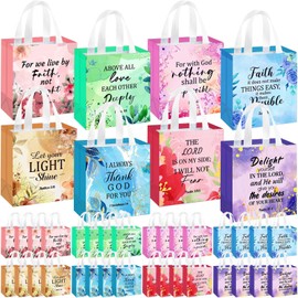 HunnmingRe 32 Pcs Christian Gift Bags Bulk Bible Verse Gift Bags with Handle Religious Baptism Reusable Non Woven Tote Bags for Women Wedding Birthday First Communion Baptism(Floral)
