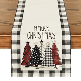 Artoid Mode Waterclor Buffalo Plaid Christmas Trees Merry Xmas Table Runner, Seasonal Winter Holiday Kitchen Dining Table Decoration for Indoor Outdoor Home Party Decor 13 x 108 Inch
